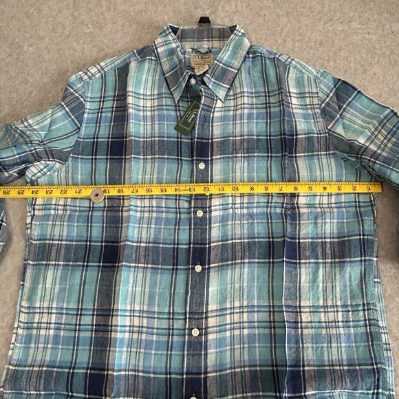 LL Bean Shirt Mens Large Blue Plaid Button Up Slightly Fitted Linen Regular Fit - Picture 5 of 10
